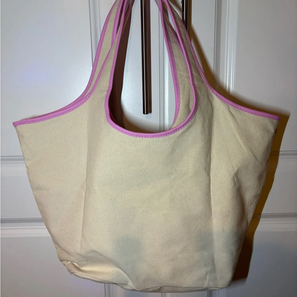 Victoria's Secret Cream Canvas Tote with Pink Trim and hombre VS Logo